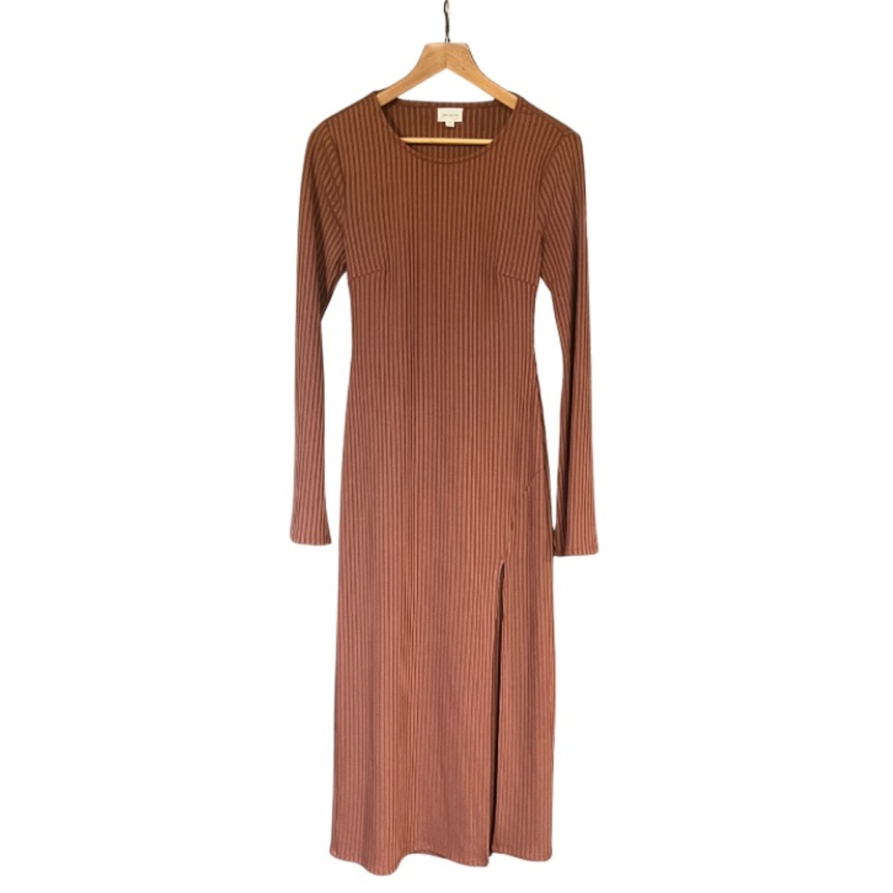 Song of Style Brown Long Sleeve Dress with Front Slit and Back Cutout